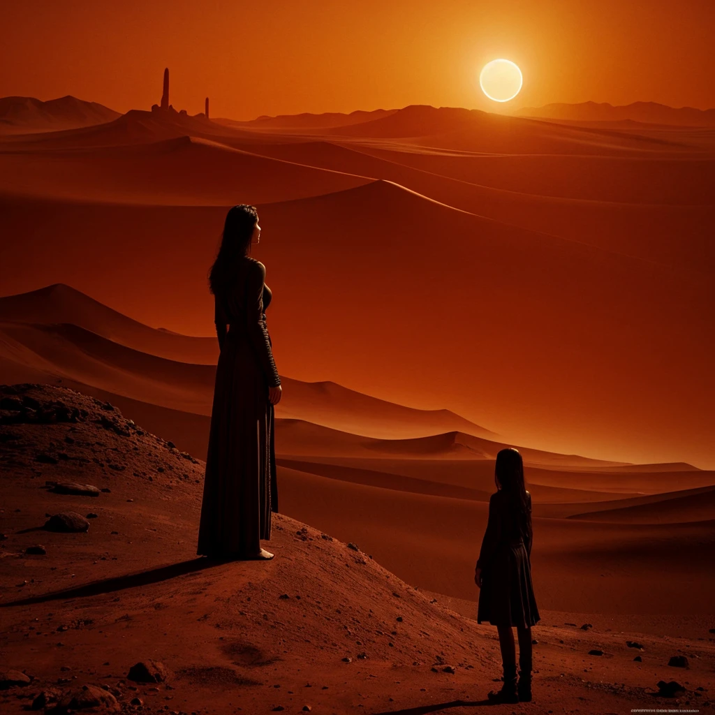 a surreal, dreamlike, desert hellscape during a full eclipse in the style of zdzislaw beksinski with high contrast with warm colors. Mythological high fantasy desert. otherworldly. landscape. fine lines. fine details. Rich texture and color depth. Symbolic meaning. Fantasy Ethereal. esoteric, a woman is standing in the distance looking into the horizon, from behind, from a distance