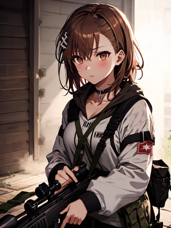 rifle, Sniper, Sniper, Prone, Misaka Mikoto, 1girl, black choker, uhd, retina, masterpiece, ccurate, anatomically correct, textured skin, super detail, high details, high quality, best quality, highres, 4K