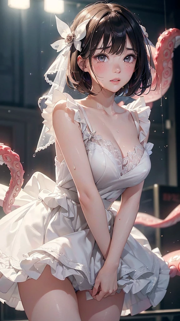 (Flying debris: 1.3), (Maximum resolution: 1.2), (Ultra HD TV: 1.2), Cinema Lights, One Woman、24-years-old、whole body、8k resolution, Beautiful Eyes and skin, Detailed faceの特徴, , (Clear focus on the chest: 1.2), (The focus is on the face:1.2),Perfect Style, Cute Face, Accurate, Anatomically correct, Highly Detailed face and skin texture, Beautiful Eyes, double eyelid, Thin eyebrows, Glitter Eyeliner: One natural cheek, Glowing Skin, Fair skin, Glowing Skin: 1.2, (Glossy Lips: 1.4),、 (Embarrassed look: 1.2),20-year-old female, (Detailed face:1.2), (Highest quality:1.2), Retrospective photos of the rear roam、Angle from below, Low Angle, From behind, Cinema Lighting, Perfect Style, Beautiful Face, (Skirt Lift:1.4), blush、humiliation、impatience、Glare、tears、Embarrassing、Surprised expression、humiliationの表情、 (Wedding dress:1.1),Sweat、short hair、Retrospective photos of the rear roam、Low Angleから、Soaking wet、,、Exposed pantieonster、Red Tentacles、Tentacles wrapped around my hand、tentacles wrapped around legs、Violated by tentacles、Hanging、Tentacles entering the crotch