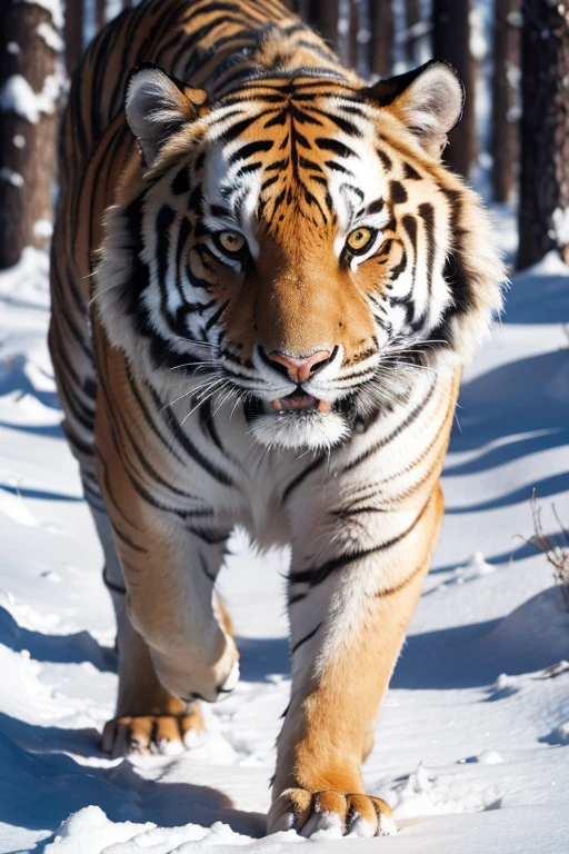 Photograph of a Siberian tiger, majestic, in the wild, furious, staring at the viewer, extremely realistic photo