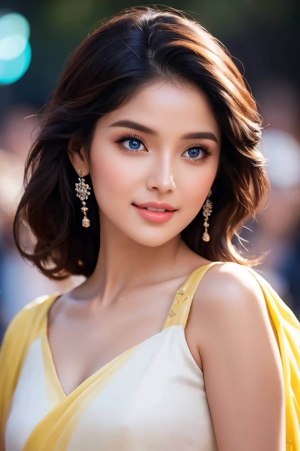 A stunning 18-year-old girl with a perfect, slender yet curvy body, dressed in a gorgeously designed, white designer-plated saree that elegantly drapes around her, revealing a matching, fashionable blouse that adds a pop of color to the ensemble. The girl is captured in a close-up, high-detail portrait shot from the waist up, with the focus on her captivating facial features, which are enhanced by the flawless application of makeup that emphasizes her naturally pale skin. Her short, black hair is adorned with intricate hair ornaments that shimmer in the soft, diffused sunlight that filters through the scene, creating a graceful contrast with the darker tones of her locks. She is looking directly at the viewer with a radiant smile that lights up her exquisitely detailed, perfectly symmetrical glossy blue eyes, which are further accentuated by a pair of yellow diamond earrings that sparkle with each subtle movement. The setting is a night-time environment, brightly lit by fancy lights that cast a warm, ambient glow across her features and the highly detailed surroundings. The background is a delightful splash of color, with vibrant color splashes that dance around her, creating a playful and visually appealing contrast. Her skin is impeccable, with every pore and detail captured in ultra-high resolution, showcasing the realistic and photorealistic quality of the image. The entire scene is captured with a professional-grade 80mm lens at an aperture of f/1.2, ensuring that the depth of field is just right to keep her in sharp focus while gently blurring the background. The photograph is taken at an impressive 16K resolution, allowing for an unparalleled level of detail and clarity. The RAW image format ensures that the colors are vibrant and true to life, with the white dress appearing pristine and the color splashes in the background popping vividly. The composition is masterfully executed, with a perfect balance between the model's beauty and the richness of the backg