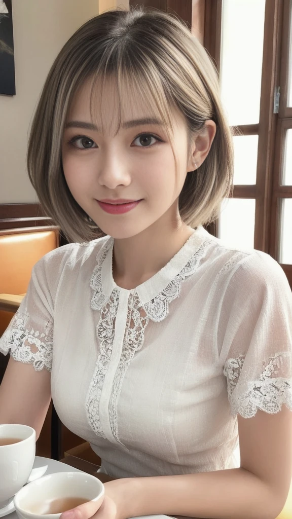 (1 young ultra Cute japanese girl,short silver hair,porcelain white skin,slender figure,lacy shirt,sitting in Italian cafe,drinking black tea,beautiful detailed eyes,long eyelashes,charming dropped eyes,lovely smiling lips,extremely detailed face without makeup:2.0),best quality,4k,8k,highres,masterpiece,ultra-detailed,realistic,photorealistic,photo-realistic,HDR,UHD,studio lighting,ultra-fine painting,sharp focus,physically-based rendering,extreme detail description,professional,vivid colors,bokeh,portraits,soft pastel colors,natural lighting,cinematic composition
