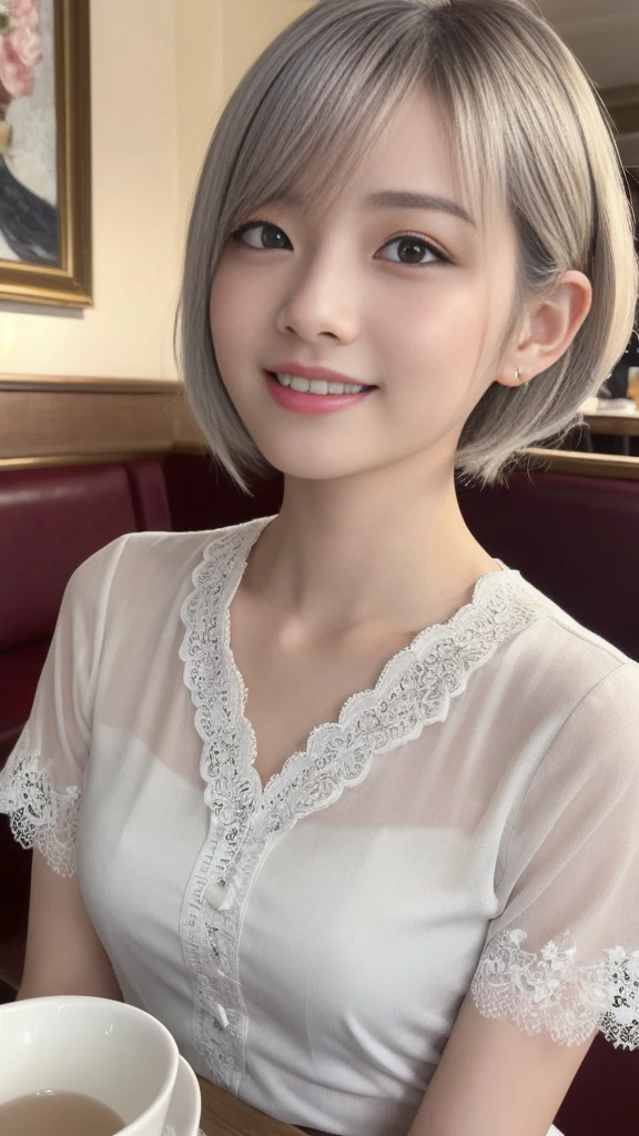 (1 young ultra Cute japanese girl,short silver hair,porcelain white skin,slender figure,lacy shirt,sitting in Italian cafe,drinking black tea,beautiful detailed eyes,long eyelashes,charming dropped eyes,lovely smiling lips,extremely detailed face without makeup:2.0),best quality,4k,8k,highres,masterpiece,ultra-detailed,realistic,photorealistic,photo-realistic,HDR,UHD,studio lighting,ultra-fine painting,sharp focus,physically-based rendering,extreme detail description,professional,vivid colors,bokeh,portraits,soft pastel colors,natural lighting,cinematic composition