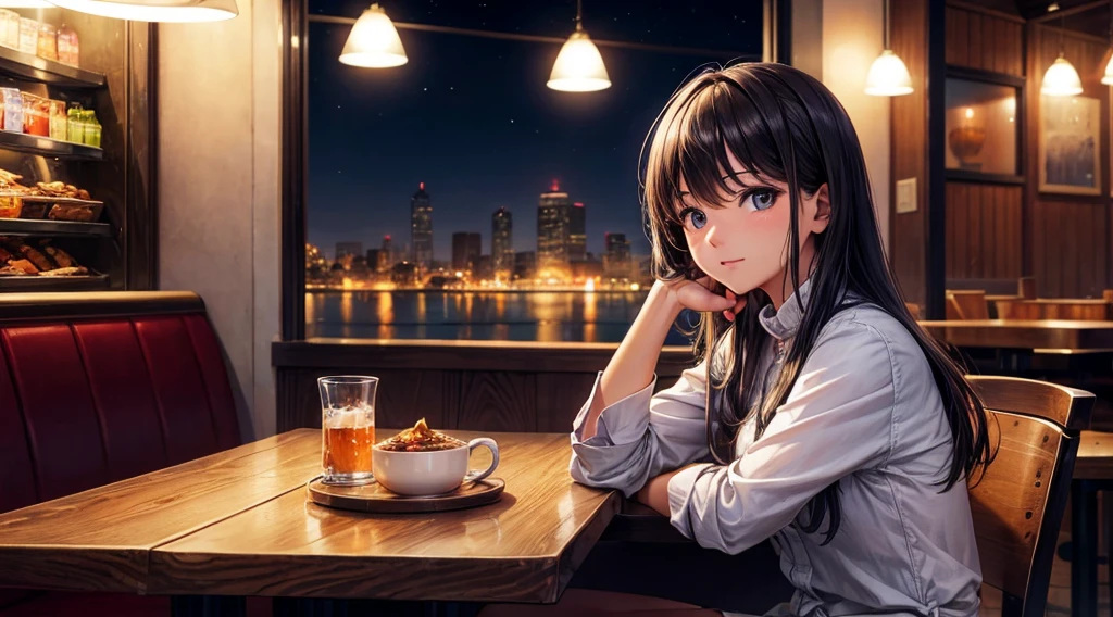 (Original photo, Highest quality), 1 girl, Lisa, night,Cafe, relax, Satosh Khan&#39;Art Style