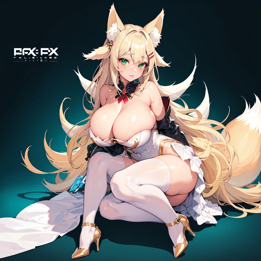 masterpiece, best quality, finely detailed, 1 girl, (bishoujo), cute, (huge boobs), (cleavage), fox ears, fox girl, platinum blonde hair, green eyes, race queen, heels, full body, hairpins