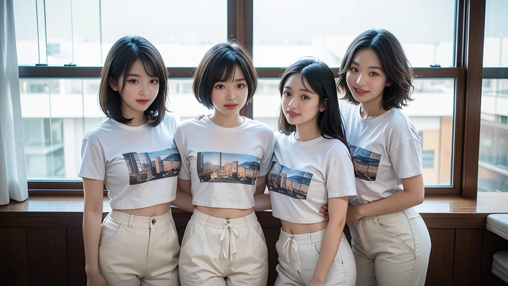 ((super high quality、High resolution、masterpiece、 Anatomically correct、Super detailed photos、Ultra-realistic photos、 Highest quality))、(3girs)、looking at viewer、Hotel room with a night view、Large window with a night view、、Three girls holding each other close、(cowboy shot)、(white Tshirt:1.2)、short pants、((from front))、(large breast)、Small waist、Detailed face、Perfect figure、black hair、Short Hair