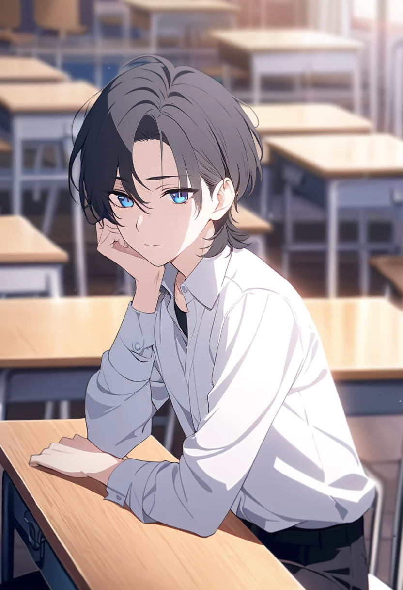 masterpiece,best quality,depth of field,8k,looking at the viewer,dark gray hair,blue eyes,(charismatic eyes 1:1),chic,Black pants,plain white shirt,alone,College student sitting at desk in classroom,male,chic 남자