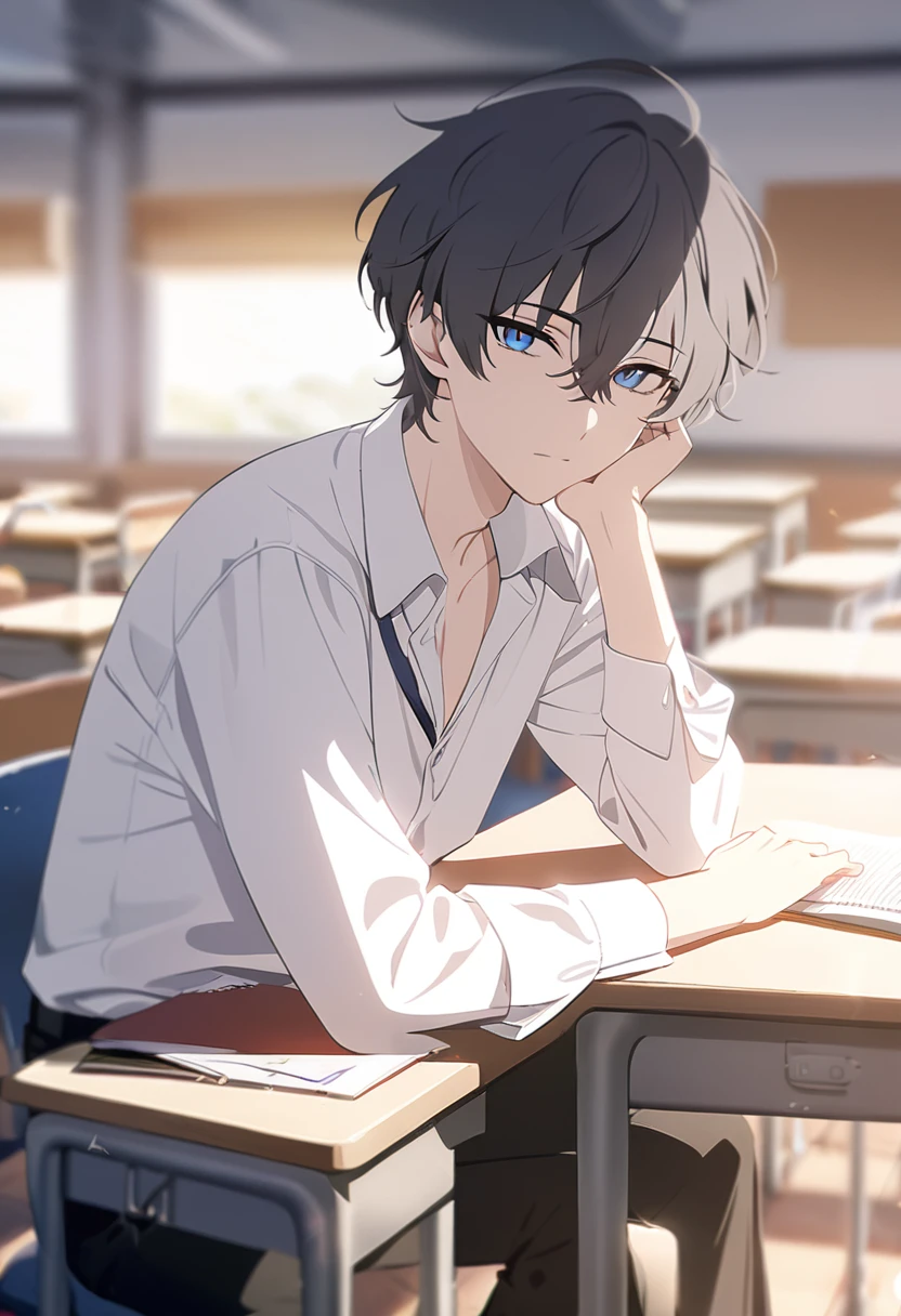 masterpiece,best quality,depth of field,8k,looking at the viewer,dark gray hair,blue eyes,(charismatic eyes 1:1),chic,Black pants,plain white shirt,alone,College student sitting at desk in classroom,male,chic 남자