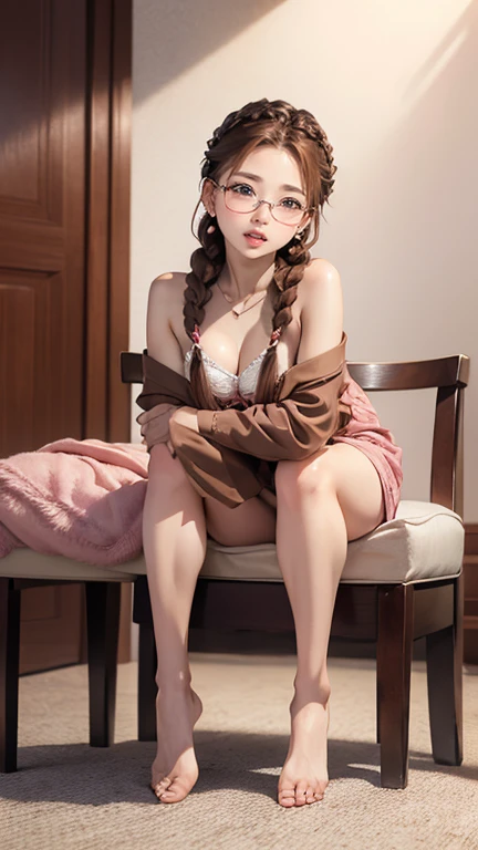 1 female,Brown Hair, ,((Anxious expression)),Beautiful breasts、Queen、stylish,,(look forward to)(((blush、Surprised expression)),(((Braiding))),((( Full body portrait)))Frameless Glasses