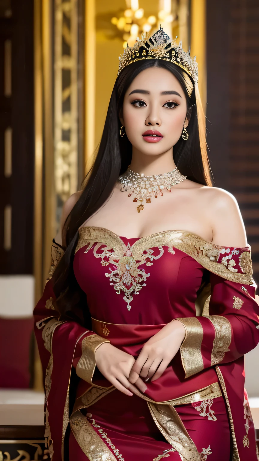 (best quality,4k,highres,masterpiece:1.2),ultra-detailed,realistic:1.37,beautiful and regal Javanese queen with hijab,dark and luxurious palace backdrop,beautiful detailed eyes and face,long eyelashes,voluptuous and curvy figure,exquisite jewelry and accessories,ornate and intricate patterned textiles,dazzling crown and royal attire,golden light illuminating the scene,vibrant and vivid color palette,soft and ethereal lighting,confident and alluring expression,graceful and elegant pose,serene and majestic atmosphere,rich cultural elements and symbols,meticulously captured body contours,subtle and tasteful sensuality,endless attention to every detail,romantic and dreamlike ambiance,artistic interpretation of beauty,stylish and sophisticated composition.