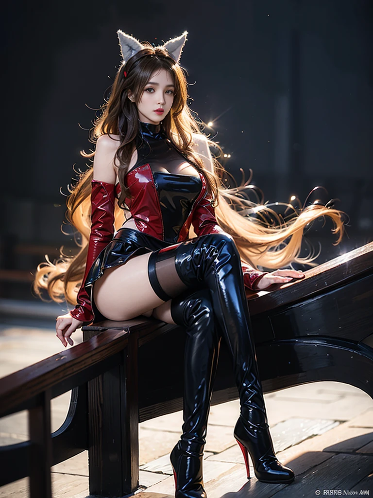 (Top quality, Masterpiece: 1.2), 1 Girl, Beautiful feet, Big , Beautiful feet, style, Sexy, Yan,Red over the knee boots，attractive, Full body view，Full body photo，Sexy, Beautiful and neat face, Beautiful eyes, Beautiful hair, Clear skin, Beautiful mouth, Smooth legs,Red over the knee boots 平衡体, Fashionable clothes change, Mizuki Yukikaze, Hair Ribbon, -Pistan, Red Theme, Photorealistic, Sexy, woman, woman, Female Voice, for real, Taimaning Set，Red over the knee boots