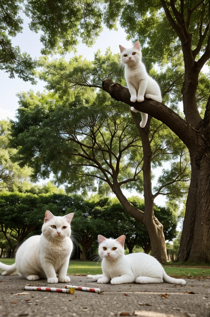 The white chubby cat and kitten sitting under a large tree, both smoking cigarettes. The camera is placed beside them on the ground