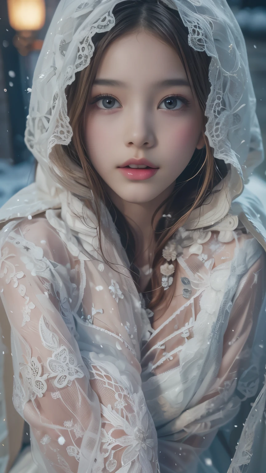 （8k，RAW photos， best quality， masterpiece：1.2），（In reality， realistic photo：1.4)，Cover your face with sadness，
Lolita costumes，race， Aerith Gainsborough， upper part of the body，upper leg，race， underwear，exposed shoulders， out， (out，covered with snow，Cloak，) high quality， adobe lightroom， High detail skin， looking at viewer，