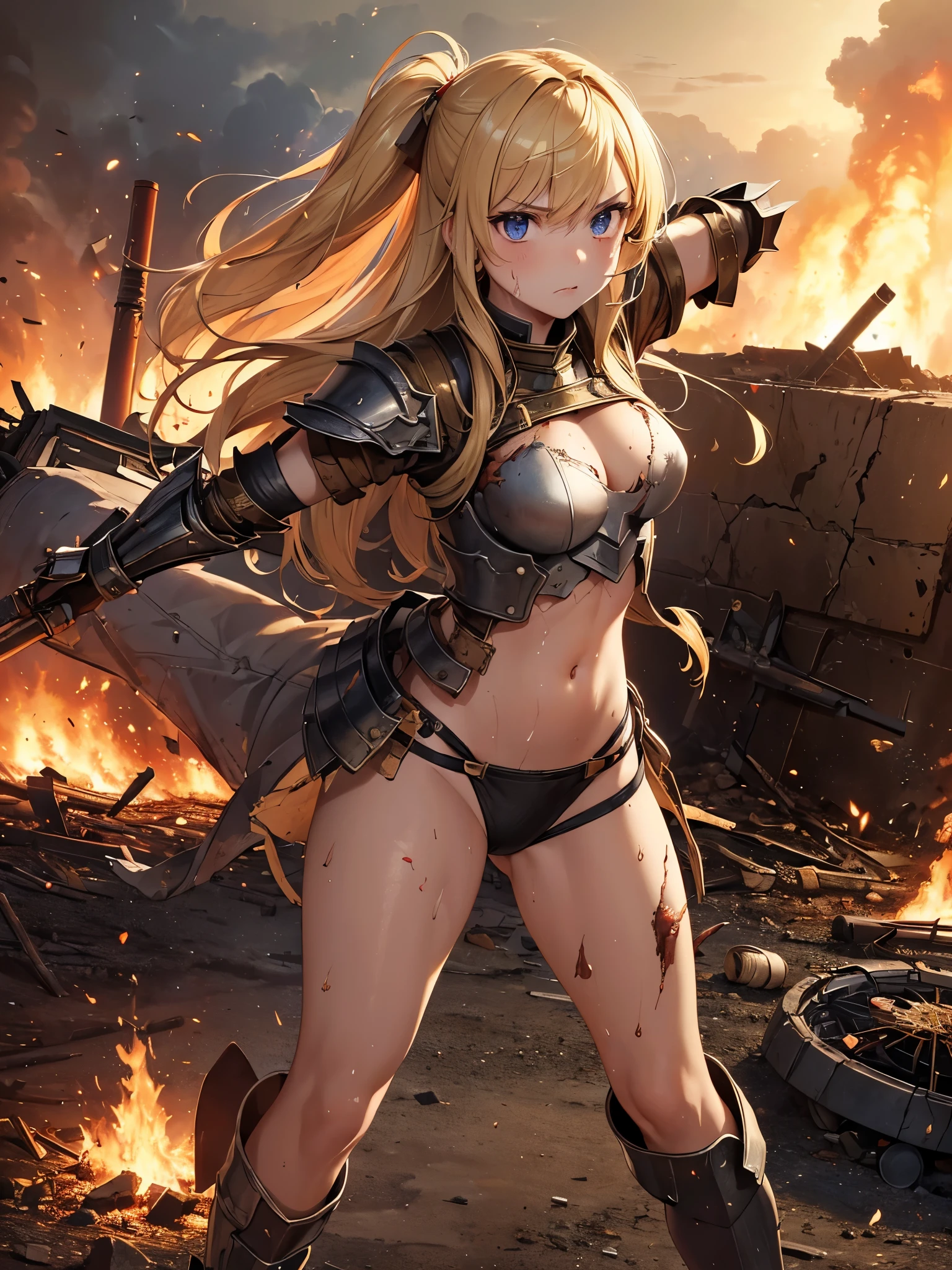 (masterpiece:1.5), (Highest quality), (Very detailed), (Very detailed), (One girl:1.2), (whole body:1.2), (Young girl), (Blonde), (Weapons in hand), (War battle scene), (Bloody atmosphere), (cigarette), (fire), (cadaver), (Chaotic Background), (explosion), (Torn clothing), (A look of determination), (Sweat and dirt), (I was injured), (Dynamic pose), (Broken Armor), (Burnt landscape), (Combat Stance), (Smoldering Wreckage), (inflammation:1.3), (Battle cry), (Sounds of War:1.1)