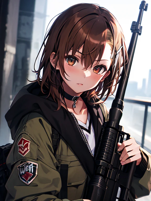 rifle, Sniper, Sniper, Prone, Misaka Mikoto, 1girl, black choker, uhd, retina, masterpiece, ccurate, anatomically correct, textured skin, super detail, high details, high quality, best quality, highres, 4K