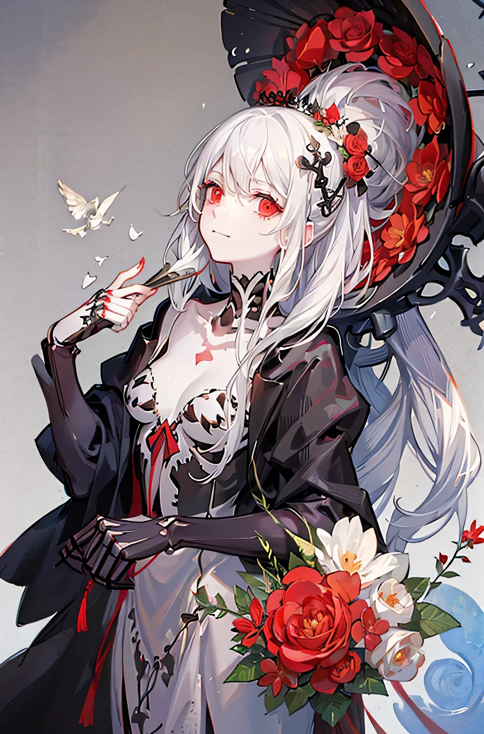 Anime girl, white hair, There are red flowers growing on the skeleton, ((SKELETON)), red flower, illustration, 25 year old, bone, skull, ((bust-up)), red eyes,