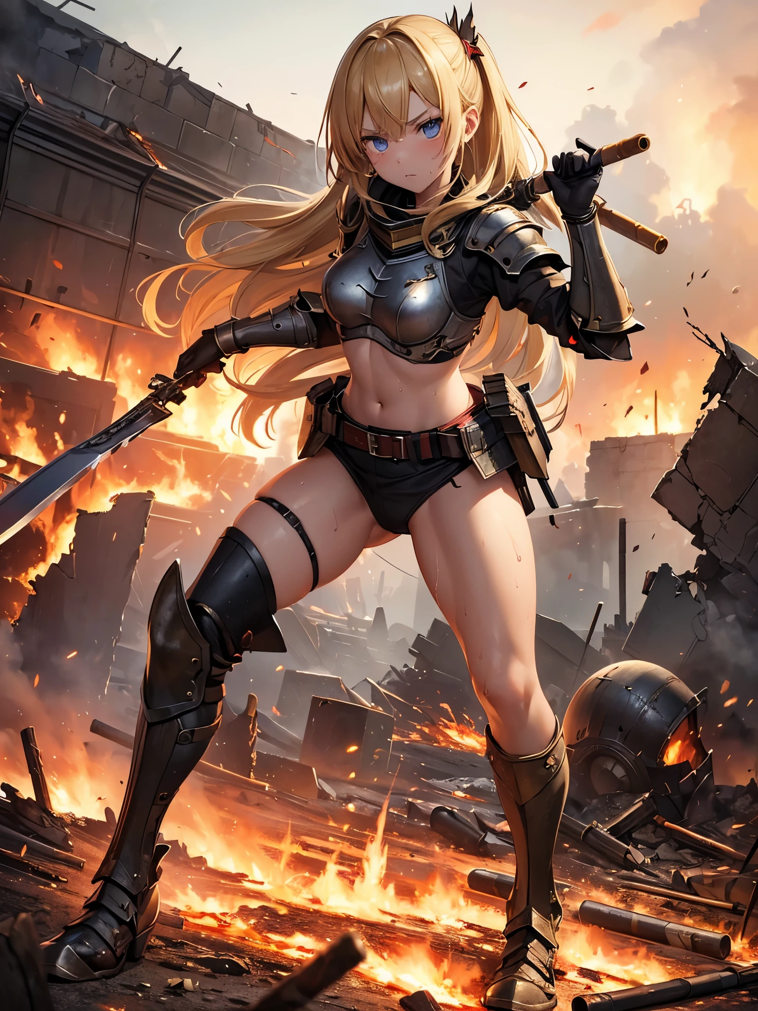 (masterpiece:1.5), (Highest quality), (Very detailed), (Very detailed), (One girl:1.2), (whole body:1.2), (Young girl), (Blonde), (Weapons in hand), (War battle scene), (Bloody atmosphere), (cigarette), (fire), (cadaver), (Chaotic Background), (explosion), (Torn clothing), (A look of determination), (Sweat and dirt), (I was injured), (Dynamic pose), (Broken Armor), (Burnt landscape), (Combat Stance), (Smoldering Wreckage), (inflammation:1.3), (Battle cry), (Sounds of War:1.1)