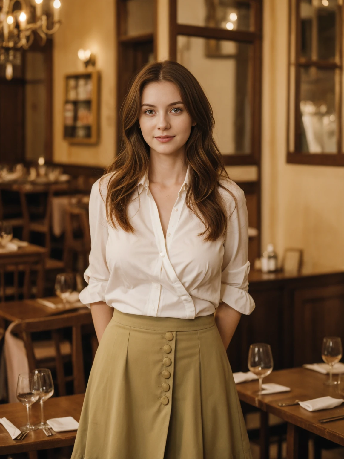 her name is Elle, high quality, 1girl, ((20-year-old fit Caucasian woman)), ((20 years old)), ((fit)), ((pale skin)), ((medium round breasts)), long auburn hair , wearing Blush Ruffled Wrap Blouse + High-Waisted Khaki Button-Front Skirt, pose: standing, background: Detail the sights and sounds inside a cozy Italian trattoria, from the clinking of wine glasses and the soft strains of an accordion to the delicious smells of pasta and garlic