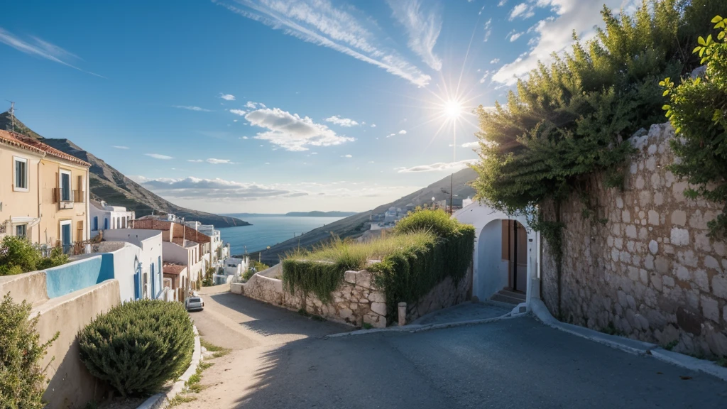 show a sunny sky in a greece landscape