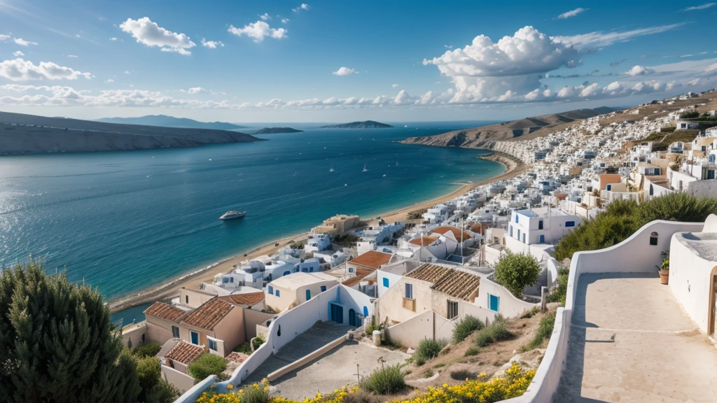 show a sunny sky in a greece landscape