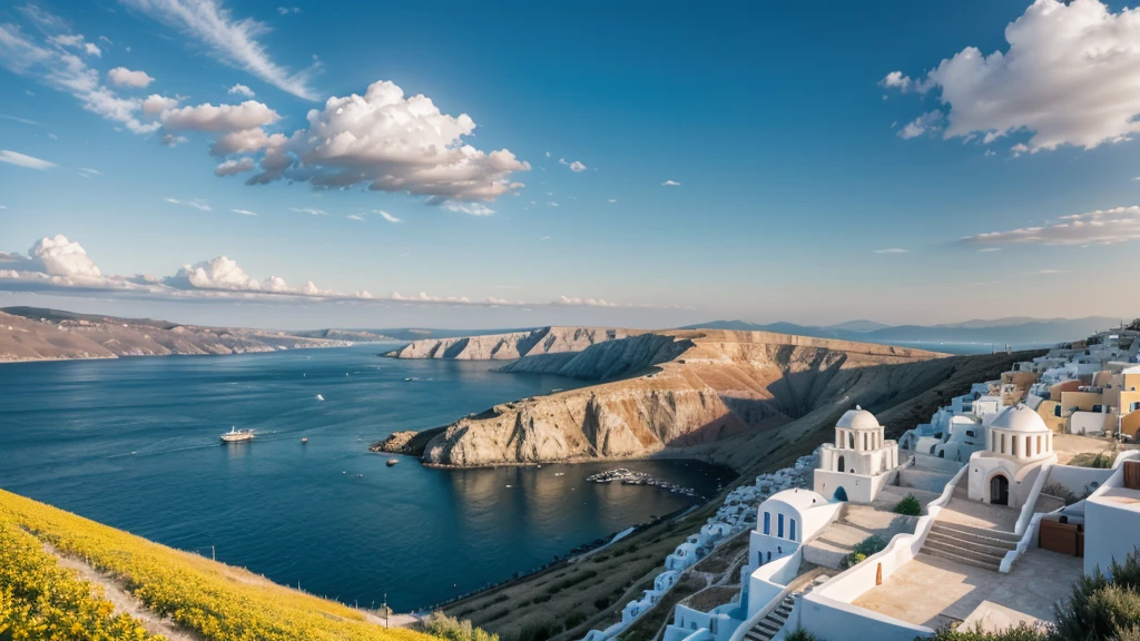 show a sunny sky in a greece landscape