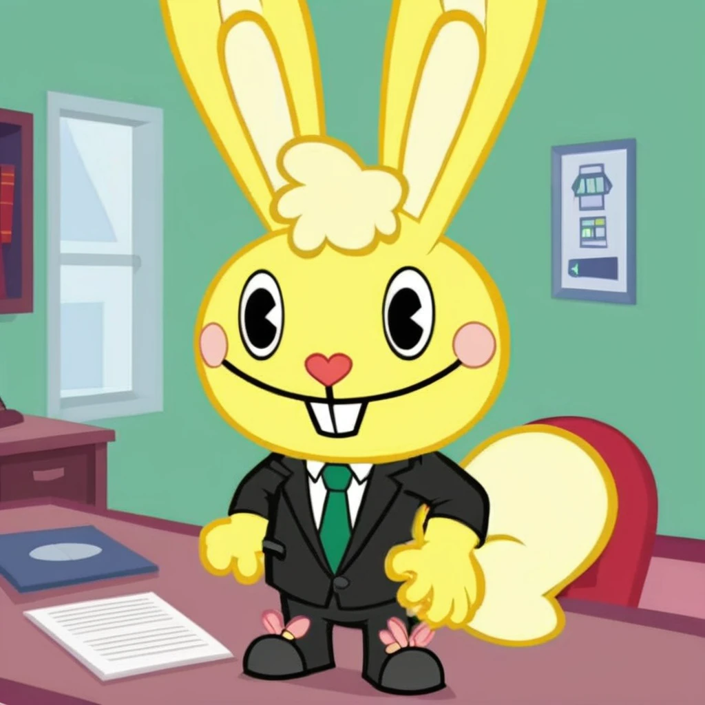 cartoon, a yellow rabbit with a green dress shirt a black necktie black pants belt and black shoes as a businessman