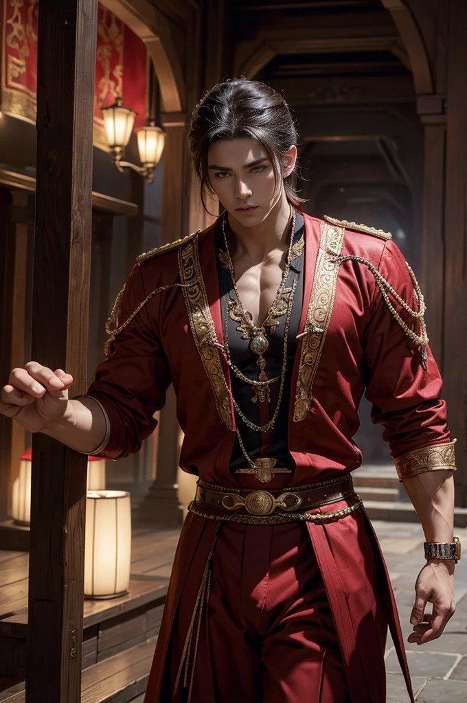 Muscular young man in traditional clothing, Red Corner,, Long trousers, Magic Castle, Detailed face, Very detailed, 8k, Realistic, Dramatic lighting, Fantasy, Cinematic, Rich colors, Intricate details