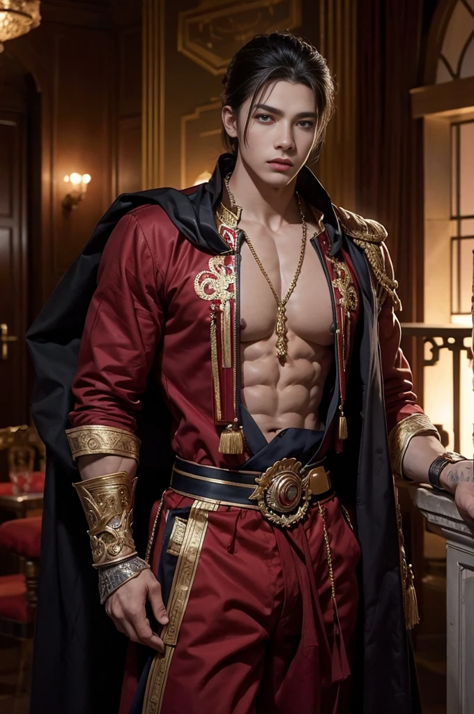 Muscular young man in traditional clothing, Red Corner,, Long trousers, Magic Castle, Detailed face, Very detailed, 8k, Realistic, Dramatic lighting, Fantasy, Cinematic, Rich colors, Intricate details