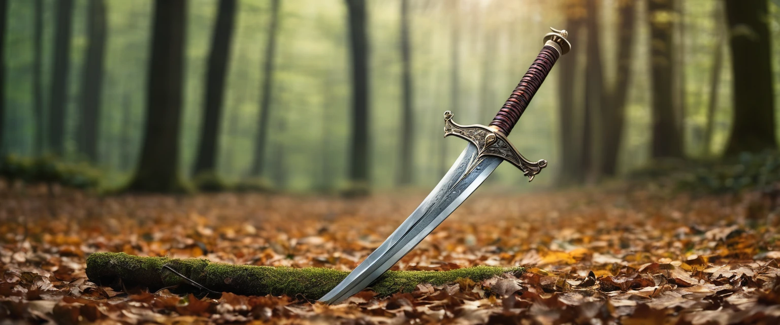 sword, simple sword, rusty sword, sword is lying on the forest floor, the tip of the sword is pointing to the left, symmetrical sword, straight sword, sword in european style , one-handed sword