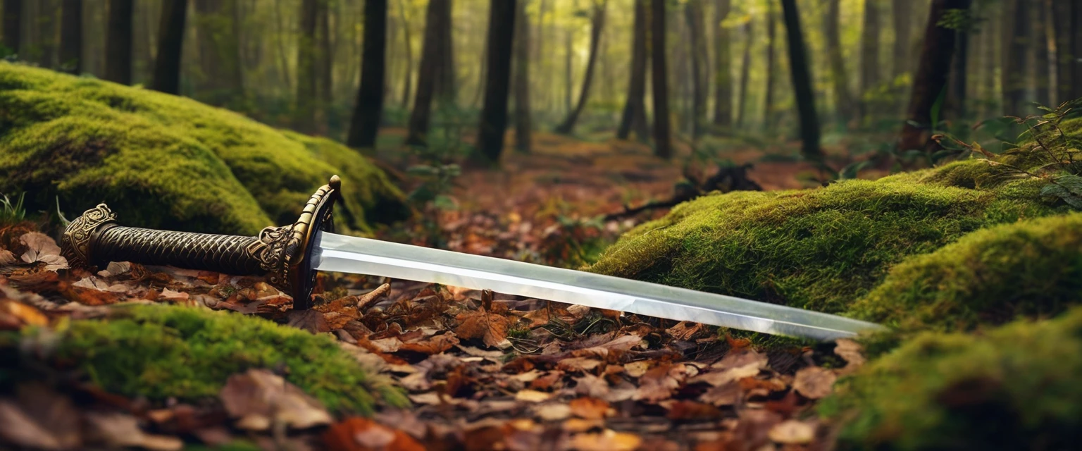 sword, simple sword, rusty sword, sword is lying on the forest floor, the tip of the sword is pointing to the left, symmetrical sword, straight sword, sword in european style , one-handed sword