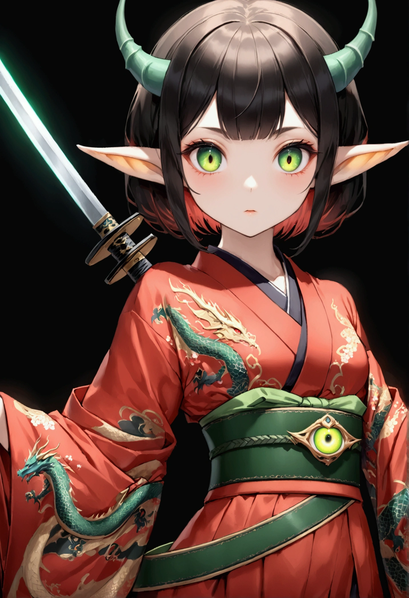 Japanese Anime,Second Dimension,Horror style,horror character,(((Flillian,Vision.Elf ears,Dragon Horn))),(((Gorgeous Japanese red kimono,Eye pattern,Dark Pattern))).(((Thin waist,Green belt:1.6))).(((Samurai sword))),Black background blur