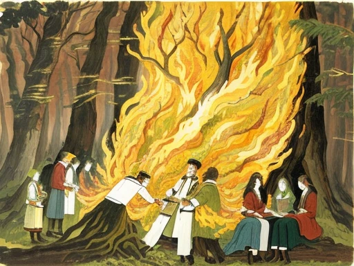 Painting of a group of people standing in front of a tree, Ceremony in the forest, The forest is on fire, collective civilization tree, with a tall tree, Tree, People who face the Circle of Fire, Touch the trees in the forest, Forest fire, A panel, Burning Forest, tree of Life, author：Marianne von Welfkin, Tempera on wood, Burning trees
