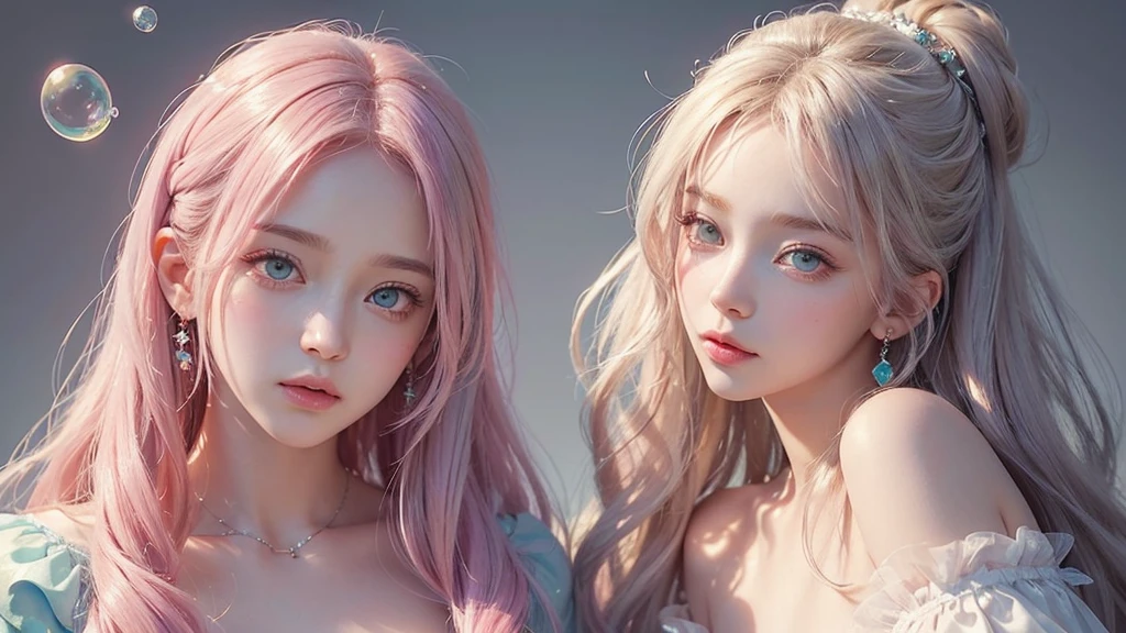 ((masterpiece)). This work is dreamy and fantastical., Soft pink watercolor shades. Generates delicate magical women exploring the bubble gum world in a variety of pastel colors. Her sweet face is extremely detailed and realistic with elegant, Mature features, Puffy, Big lips and stunning, Extremely realistic eyes. Her eyes are important、Be realistic, Very detailed, And it's beautiful. High resolution and detail, Include many details like stars, Milky Way, Colorful bubbles, Colorful petals, And a lot of energy and emotion! Stars and colorful bubblegum bubbles are important! Include fantasy details, Enhanced Details, iris, Colorful sparkling wind, And pollen. Pay special attention to her face、Make sure it's beautiful and realistic in detail。. The image is dreamy、It has to be fantastical..8k, Complex, elegant, Very detailed, Majestic, Digital photography