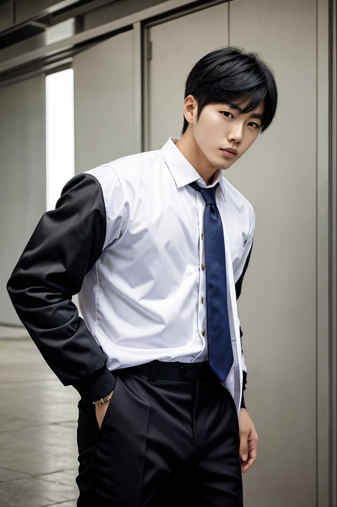 A handsome Korean boy with a gangster outfit