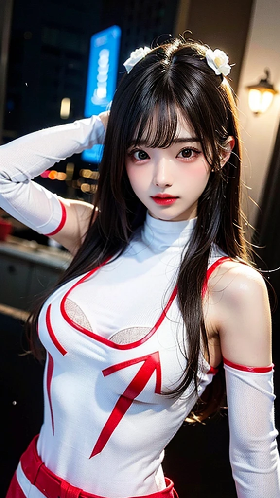 An 8k high resolution render,white Spiderman cosplay with light red details, feminine,breasts big, long hair,Caucasian skin.