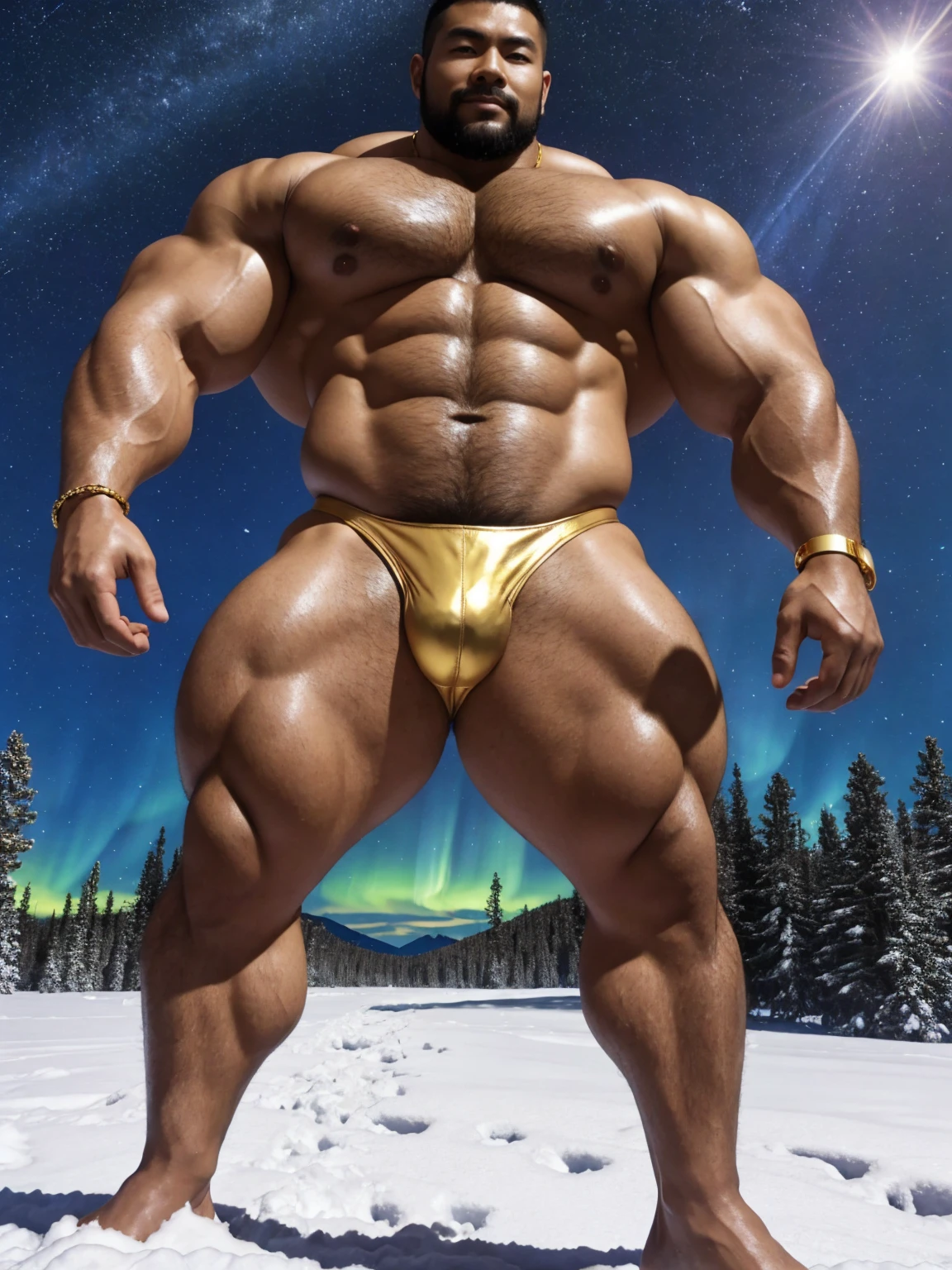 There is only one handsome Chinese man in the photo,35 years old,tall, Fitness,Smooth body,Smooth skin,No chest hair,short hair, O-Shaped Beard,Perfect body, Dark skin color,Radiant Skin,Smooth skin,Shiny, shiny skin,Smooth pectoral muscles,Muscle bulge, muscular, Very large pectoral muscles,Very sexy abdominal muscles,Very well-developed leg muscles,Huge concave and convex area,Brightens oily skin,Wearing a shiny gold leather thong,Handsome face,Normal human toes,Correct and accurate male body proportions,Gold Collar,Gold bracelet,Gold anklets,Standing in the snow,Night sky,A sky full of stars,There are auroras,Colorful,Charming dream scene,Epic。