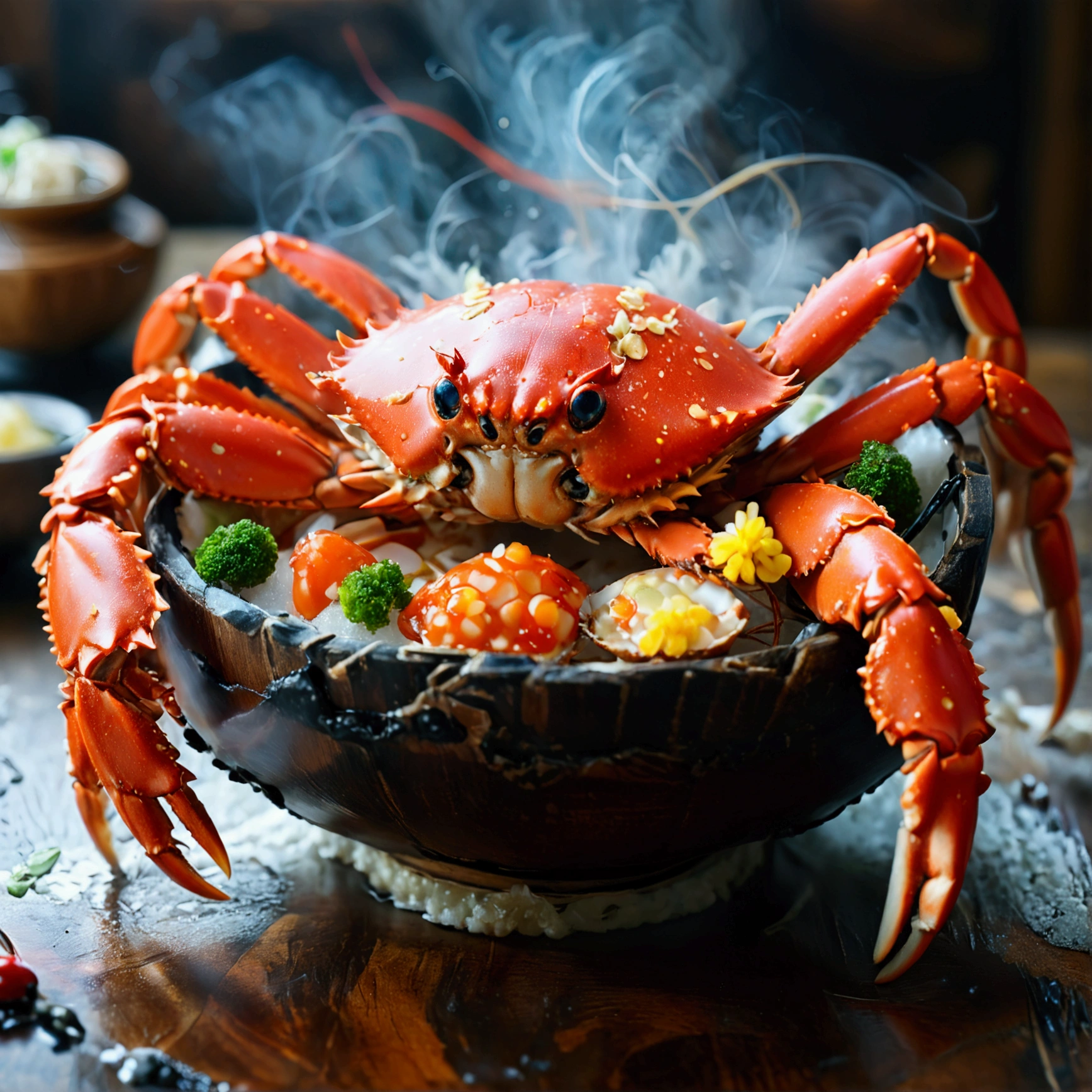 a crab in a traditional japanese meal, detailed crab shell, crab meat, japanese ingredients, wooden bowl, steam, food photography, high quality, 8k, photo-realistic, studio lighting, cinematic, vivid colors, warm lighting