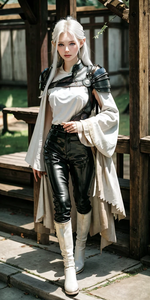masterpiece, Top quality, RAW Photo, Highest Quality Image, 16K, White hair. Porcelain skin. Beautiful expressive eyes. Sweet and beautiful face. Fantasy clothing. Fantasy world. Black and white clothes. A slender girl in black leather trousers, armor, shoulder pads and comfortable beautiful clothes. Leather boots. Full length from head to toe. Prominent shoes and boots.