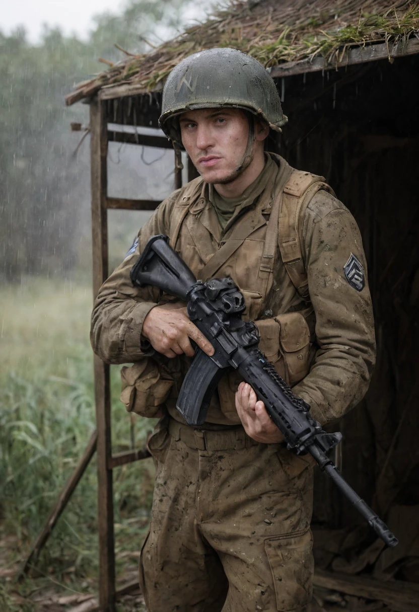 Photography in (stvmccrr style), an american soldier with WW2 uniform and gear and WW2 rifle, taking a shelter under a ruined hut, pouring rain, solo, dirty, exhausted, dark, loom, moody, bokeh, cinematic, emotive humane photography, rich colors, analog film, film grain, kodachrome, intricate details, insanely detailed, natural lighting, 8k, hdr, masterpiece, award winning photography
