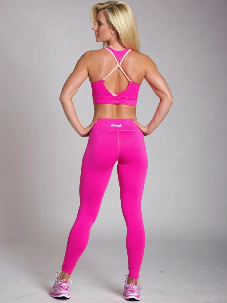 a woman in a pink top and leggings posing for a picture, inverted body type, beautiful woman body, short flat hourglass slim figure, beautiful shape of face and body, big wide broad strong physique |, model standing pose, standing athletic pose, perfect symmetrica body shape, fit curvy physique, two piece workout tight clothes, woman body, hourglass slim figure