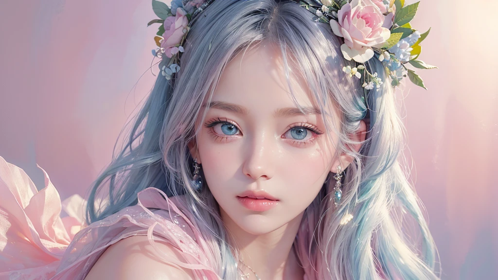 ((masterpiece)). This work is dreamy and fantastical., Soft pink watercolor shades. Generates delicate magical women exploring the bubble gum world in a variety of pastel colors. Her sweet face is extremely detailed and realistic with elegant, Mature features, Puffy, Big lips and stunning, Extremely realistic eyes. Her eyes are important、Be realistic, Very detailed, And it's beautiful. High resolution and detail, Include many details like stars, Milky Way, Colorful bubbles, Colorful petals, And a lot of energy and emotion! Stars and colorful bubblegum bubbles are important! Include fantasy details, Enhanced Details, iris, Colorful sparkling wind, And pollen. Pay special attention to her face、Make sure it's beautiful and realistic in detail。. The image is dreamy、It has to be fantastical..8k, Complex, elegant, Very detailed, Majestic, Digital photography