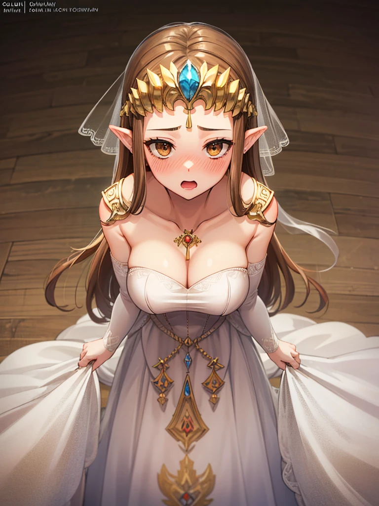 ((surprised),((Scared)),((valley)),((((Exposed shoulders)))),(((look up))),,(((Golden hair ornament)),,(((Long Hair)))),((Big Breasts)),((((Exposed shoulders)))),((front)),Princess Zelda, ((Highest quality)),,(Very detailed) ,,((Wedding dress)),Brown Hair,((Embarrassed look)),blush, ((Highest quality)), (Very detailed), ,(((Dark brown hair))),Nintendo, (Straight hair), face,blush,((alone)), ((Highest quality)), (Very detailed), ,