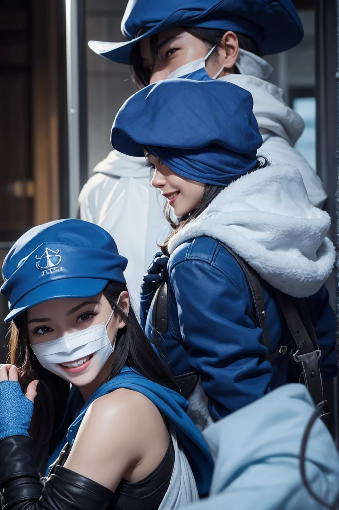 A ff skin with a blue cap and the hand in the smile mask and the thief&#39;s chest with a background with blue rays