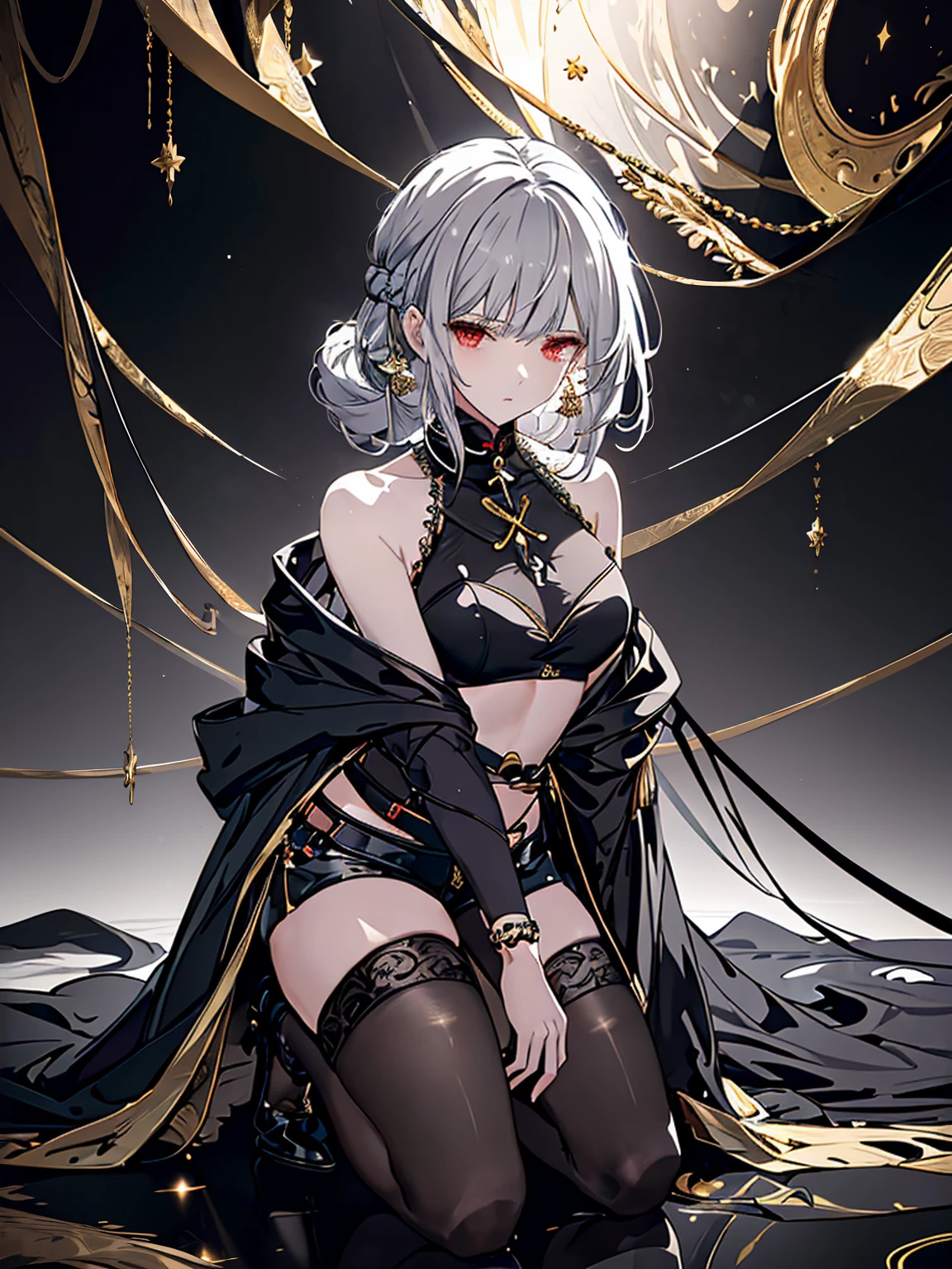 8k,High resolution RAW color art, Anime Art,Silver Marble Skin, (((Highly detailed elegant))), Detailed skin, texture,(Exquisitely crafted, The finer details, Ultra-detailed art), (((1 girl))), Depth of written boundary, Silky Touch, Hyper Detail, (((Cool face))), eye shadow、Armed women, Beautiful detailed red eyes, Beautiful lip detail, Highly detailed face, Delicate depiction of hair and eyes, Detailed Fashion, Golden Earrings,Full body depiction, Black half top、Bare waist、Black shorts、Waist Cloak、black tights、Golden decoration, Light gray hair, Golden bracelet, Straight Hair、(((Hair)))、moonlight、Calm background、(((Black theme)))、Snowflake background、Side view、Kneeling、Less exposure