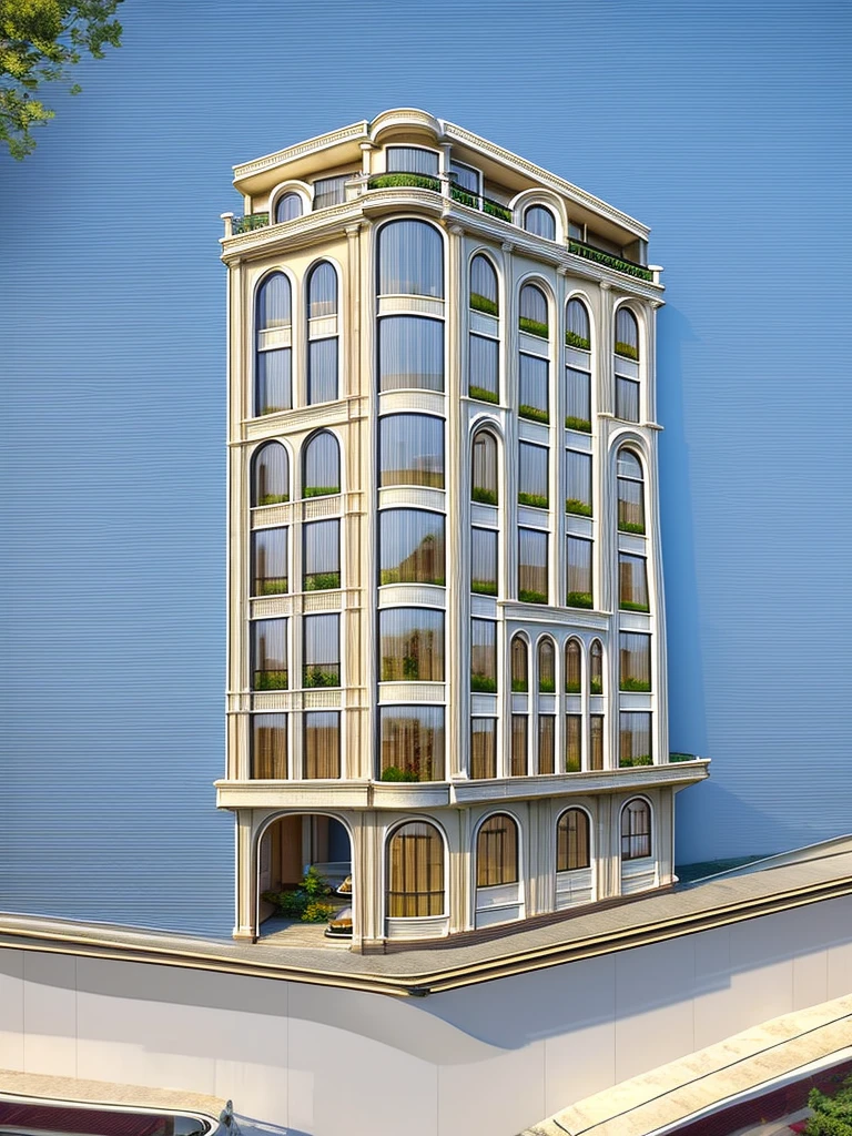 (masterpiece, best quality:1.2) 1white neoclassic building, (curved window), plants on company, building, exterior, architecture design, building in street