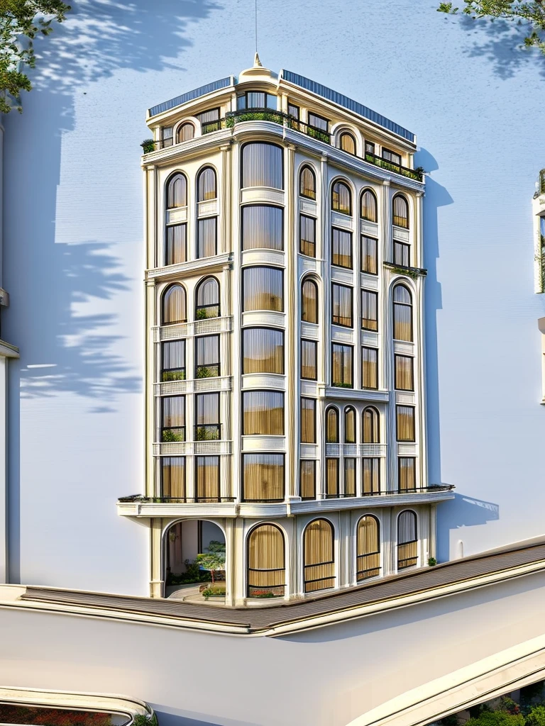 (masterpiece, best quality:1.2) 1white neoclassic building, (curved window), plants on company, building, exterior, architecture design, building in street