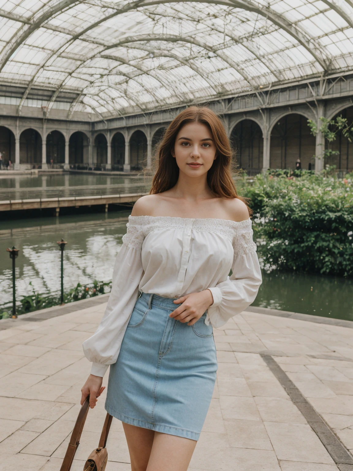 her name is Elle, high quality, 1girl, ((20-year-old fit Caucasian woman)), ((20 years old)), ((fit)), ((pale skin)), ((medium round breasts)) ,Beachy Waves auburn hair , wearing Off-Shoulder Satin Blouse+ High-Waisted Pencil Skirt, pose: standing, background: The former railway station that is now the Musée d'Orsay houses stunning works of Impressionist art. You stand before Monet’s "Water Lilies," captivated by the play of light and color. The open space, filled with the sound of soft footsteps and whispers, along with the scent of polished wood and faint traces of paint, creates a serene and inspiring environment.