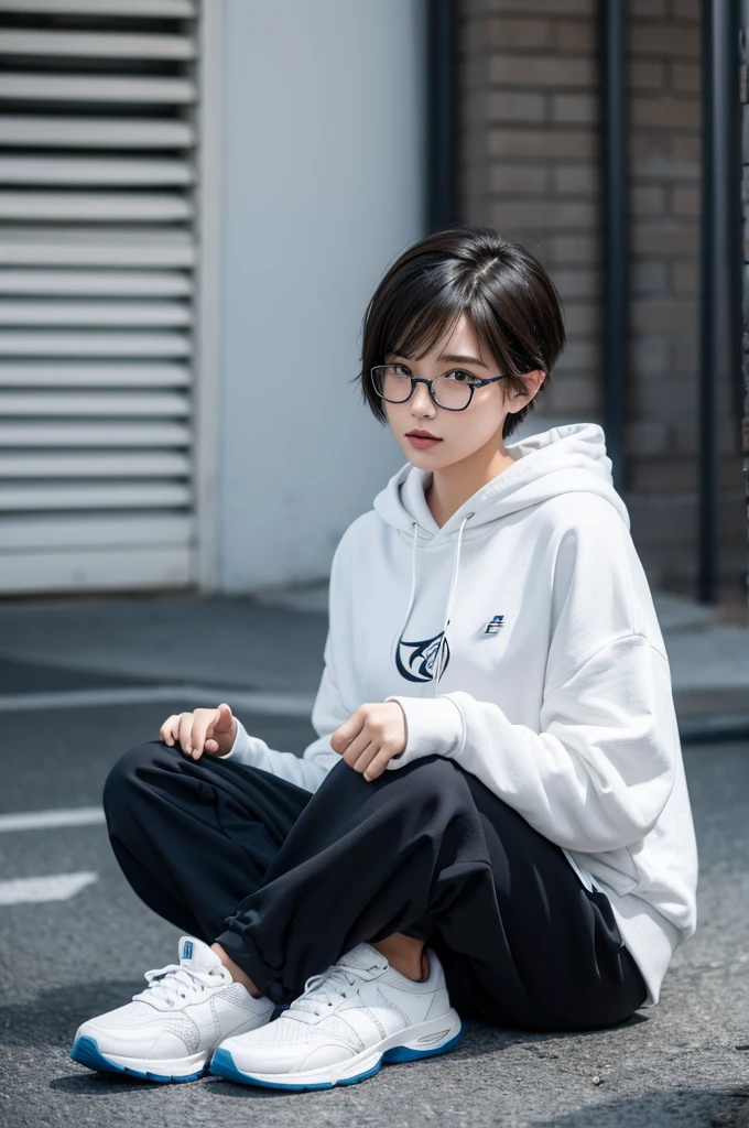 Energetic,short hair,Hoodie,Girl,Glasses,sports shoes