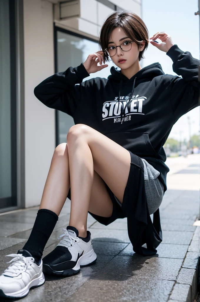 Energetic，short hair，Hoodie，Girl，Glasses，sports shoes