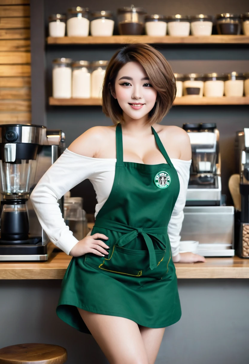 Cool beauty, looks sweet, bob hair style (only wearing dark green starbuck apron, off-shoulders), show clavage, show big thigh, plump body, huge , full body photo, squat pose. Side view.nd.in coffee shop